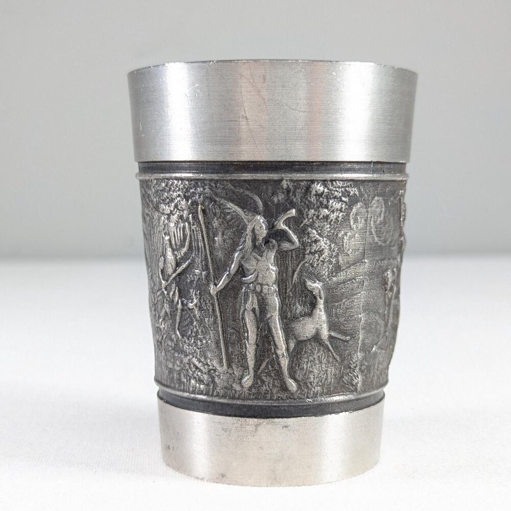 Antique 3" small German pewter Huntress Diana cup, Germanic Medieval style cup